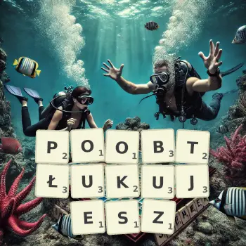 Kreatywna ilustracja do gry w Scrabble ze słowem POOBTŁUKUJESZ ułożonym z płytek na planszy.
