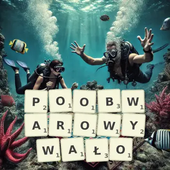 Kreatywna ilustracja do gry w Scrabble ze słowem POOBWAROWYWAŁO ułożonym z płytek na planszy.