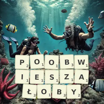Kreatywna ilustracja do gry w Scrabble ze słowem POOBWIESZAŁOBY ułożonym z płytek na planszy.