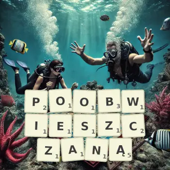 Kreatywna ilustracja do gry w Scrabble ze słowem POOBWIESZCZANĄ ułożonym z płytek na planszy.