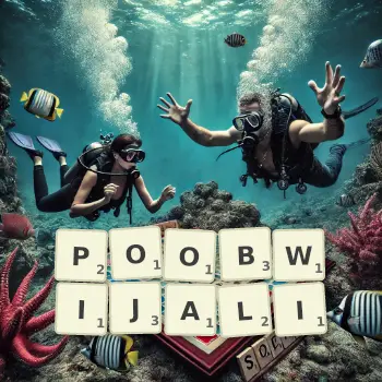 Kreatywna ilustracja do gry w Scrabble ze słowem POOBWIJALI ułożonym z płytek na planszy.