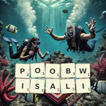 Kreatywna ilustracja do gry w Scrabble ze słowem POOBWISALI ułożonym z płytek na planszy.