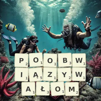 Kreatywna ilustracja do gry w Scrabble ze słowem POOBWIĄZYWAŁOM ułożonym z płytek na planszy.