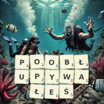 Kreatywna ilustracja do gry w Scrabble ze słowem POOBŁUPYWAŁEŚ ułożonym z płytek na planszy.