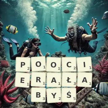 Kreatywna ilustracja do gry w Scrabble ze słowem POOCIERAŁABYŚ ułożonym z płytek na planszy.
