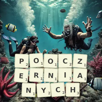 Kreatywna ilustracja do gry w Scrabble ze słowem POOCZERNIANYCH ułożonym z płytek na planszy.