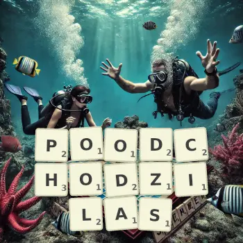 Kreatywna ilustracja do gry w Scrabble ze słowem POODCHODZILAS ułożonym z płytek na planszy.