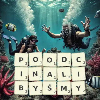 Kreatywna ilustracja do gry w Scrabble ze słowem POODCINALIBYŚMY ułożonym z płytek na planszy.