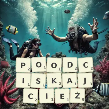 Kreatywna ilustracja do gry w Scrabble ze słowem POODCISKAJCIEŻ ułożonym z płytek na planszy.