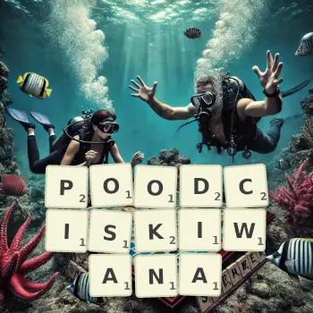 Kreatywna ilustracja do gry w Scrabble ze słowem POODCISKIWANA ułożonym z płytek na planszy.