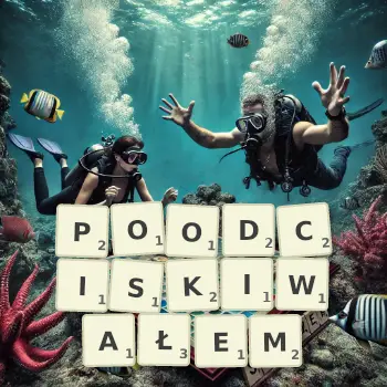 Kreatywna ilustracja do gry w Scrabble ze słowem POODCISKIWAŁEM ułożonym z płytek na planszy.