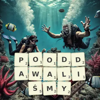 Kreatywna ilustracja do gry w Scrabble ze słowem POODDAWALIŚMY ułożonym z płytek na planszy.