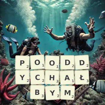 Kreatywna ilustracja do gry w Scrabble ze słowem POODDYCHAŁBYM ułożonym z płytek na planszy.