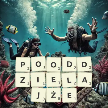 Kreatywna ilustracja do gry w Scrabble ze słowem POODDZIELAJŻE ułożonym z płytek na planszy.