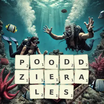 Kreatywna ilustracja do gry w Scrabble ze słowem POODDZIERALES ułożonym z płytek na planszy.