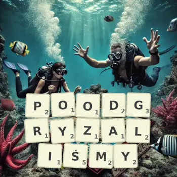 Kreatywna ilustracja do gry w Scrabble ze słowem POODGRYZALIŚMY ułożonym z płytek na planszy.