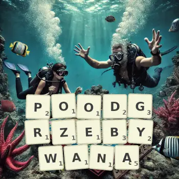 Kreatywna ilustracja do gry w Scrabble ze słowem POODGRZEBYWANĄ ułożonym z płytek na planszy.