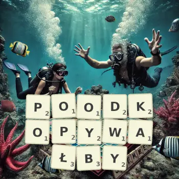 Kreatywna ilustracja do gry w Scrabble ze słowem POODKOPYWAŁBY ułożonym z płytek na planszy.