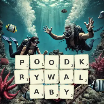 Kreatywna ilustracja do gry w Scrabble ze słowem POODKRYWALABY ułożonym z płytek na planszy.