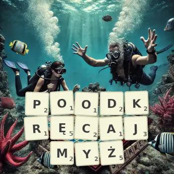 Kreatywna ilustracja do gry w Scrabble ze słowem POODKRĘCAJMYŻ ułożonym z płytek na planszy.