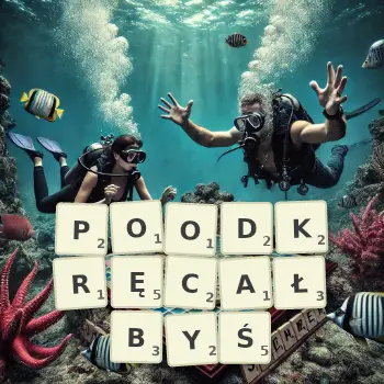 Kreatywna ilustracja do gry w Scrabble ze słowem POODKRĘCAŁBYŚ ułożonym z płytek na planszy.