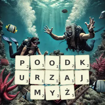Kreatywna ilustracja do gry w Scrabble ze słowem POODKURZAJMYŻ ułożonym z płytek na planszy.