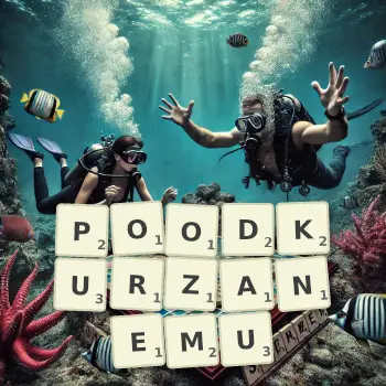 Kreatywna ilustracja do gry w Scrabble ze słowem POODKURZANEMU ułożonym z płytek na planszy.