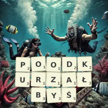 Kreatywna ilustracja do gry w Scrabble ze słowem POODKURZAŁBYŚ ułożonym z płytek na planszy.