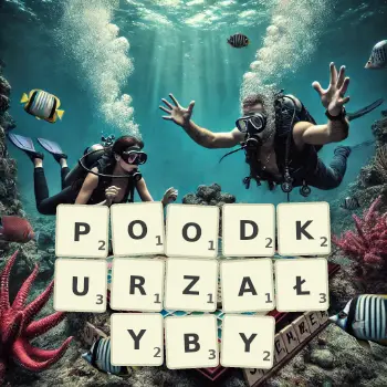 Kreatywna ilustracja do gry w Scrabble ze słowem POODKURZAŁYBY ułożonym z płytek na planszy.