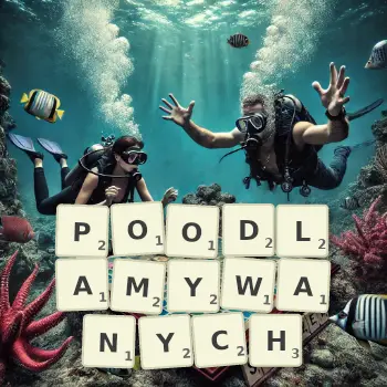 Kreatywna ilustracja do gry w Scrabble ze słowem POODLAMYWANYCH ułożonym z płytek na planszy.