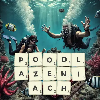 Kreatywna ilustracja do gry w Scrabble ze słowem POODLAZENIACH ułożonym z płytek na planszy.