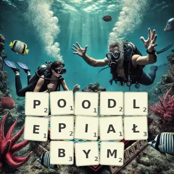 Kreatywna ilustracja do gry w Scrabble ze słowem POODLEPIAŁBYM ułożonym z płytek na planszy.