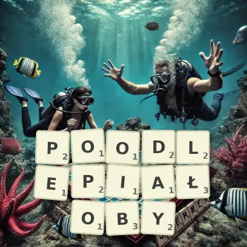 Kreatywna ilustracja do gry w Scrabble ze słowem POODLEPIAŁOBY ułożonym z płytek na planszy.
