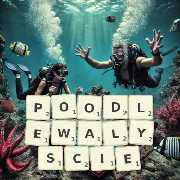 Kreatywna ilustracja do gry w Scrabble ze słowem POODLEWALYSCIE ułożonym z płytek na planszy.