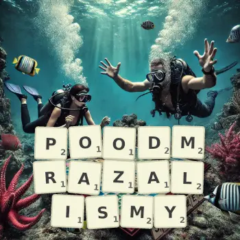 Kreatywna ilustracja do gry w Scrabble ze słowem POODMRAZALISMY ułożonym z płytek na planszy.