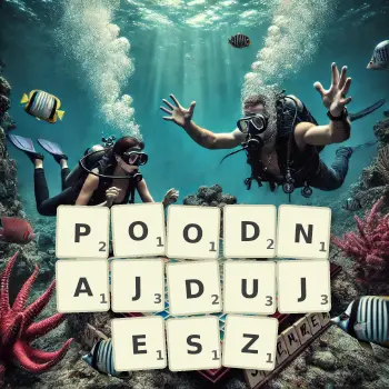 Kreatywna ilustracja do gry w Scrabble ze słowem POODNAJDUJESZ ułożonym z płytek na planszy.