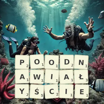 Kreatywna ilustracja do gry w Scrabble ze słowem POODNAWIAŁYŚCIE ułożonym z płytek na planszy.