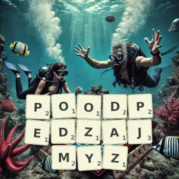 Kreatywna ilustracja do gry w Scrabble ze słowem POODPEDZAJMYZ ułożonym z płytek na planszy.