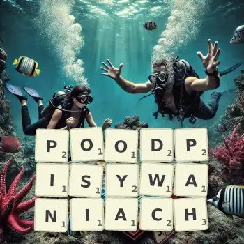 Kreatywna ilustracja do gry w Scrabble ze słowem POODPISYWANIACH ułożonym z płytek na planszy.