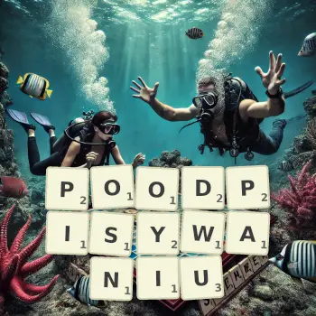 Kreatywna ilustracja do gry w Scrabble ze słowem POODPISYWANIU ułożonym z płytek na planszy.