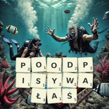 Kreatywna ilustracja do gry w Scrabble ze słowem POODPISYWAŁAŚ ułożonym z płytek na planszy.