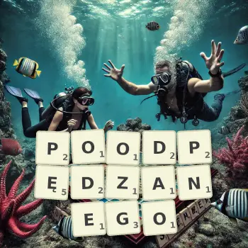 Kreatywna ilustracja do gry w Scrabble ze słowem POODPĘDZANEGO ułożonym z płytek na planszy.