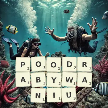 Kreatywna ilustracja do gry w Scrabble ze słowem POODRABYWANIU ułożonym z płytek na planszy.