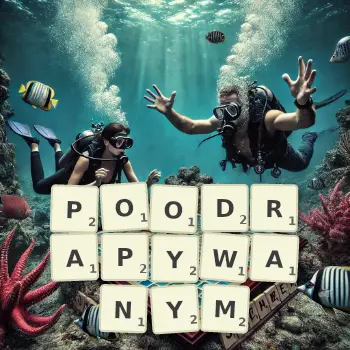 Kreatywna ilustracja do gry w Scrabble ze słowem POODRAPYWANYM ułożonym z płytek na planszy.