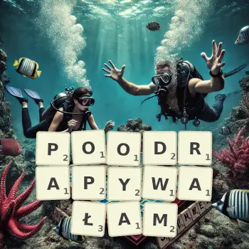 Kreatywna ilustracja do gry w Scrabble ze słowem POODRAPYWAŁAM ułożonym z płytek na planszy.