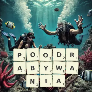 Kreatywna ilustracja do gry w Scrabble ze słowem POODRĄBYWANIA ułożonym z płytek na planszy.