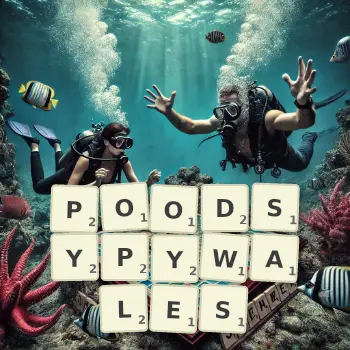 Kreatywna ilustracja do gry w Scrabble ze słowem POODSYPYWALES ułożonym z płytek na planszy.