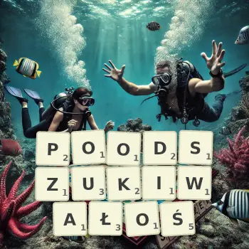 Kreatywna ilustracja do gry w Scrabble ze słowem POODSZUKIWAŁOŚ ułożonym z płytek na planszy.