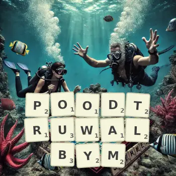 Kreatywna ilustracja do gry w Scrabble ze słowem POODTRUWALBYM ułożonym z płytek na planszy.