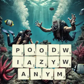 Kreatywna ilustracja do gry w Scrabble ze słowem POODWIAZYWANYM ułożonym z płytek na planszy.